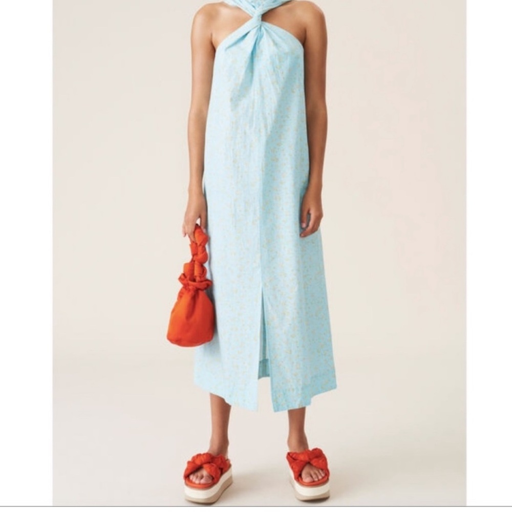 GANNI NWT Blue Floral Twist Halter Neck Cotton Dress (US 4)